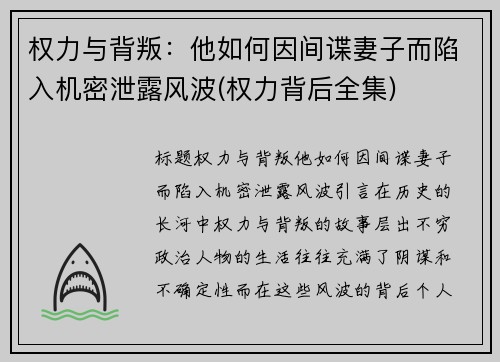 权力与背叛：他如何因间谍妻子而陷入机密泄露风波(权力背后全集)