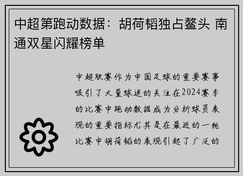 中超第跑动数据：胡荷韬独占鳌头 南通双星闪耀榜单