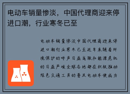 电动车销量惨淡，中国代理商迎来停进口潮，行业寒冬已至