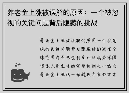 养老金上涨被误解的原因：一个被忽视的关键问题背后隐藏的挑战