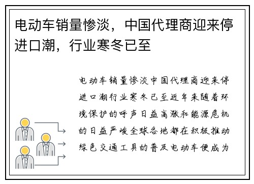 电动车销量惨淡，中国代理商迎来停进口潮，行业寒冬已至