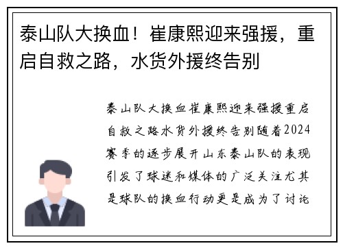 泰山队大换血！崔康熙迎来强援，重启自救之路，水货外援终告别