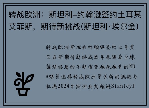 转战欧洲：斯坦利-约翰逊签约土耳其艾菲斯，期待新挑战(斯坦利·埃尔金)