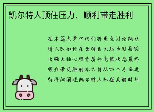 凯尔特人顶住压力，顺利带走胜利