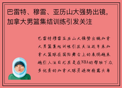 巴雷特、穆雷、亚历山大强势出镜，加拿大男篮集结训练引发关注