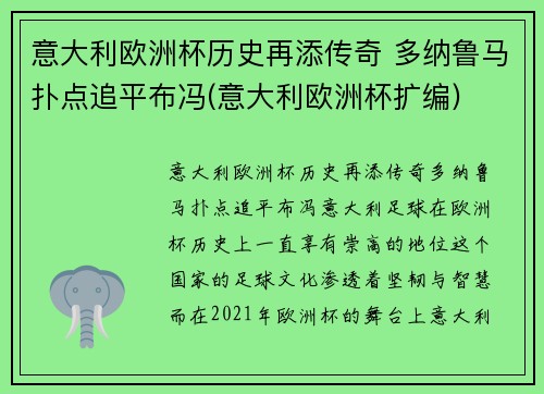意大利欧洲杯历史再添传奇 多纳鲁马扑点追平布冯(意大利欧洲杯扩编)